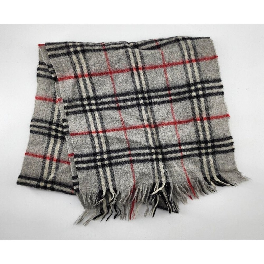 100% Pure Lambswool Scarf Gray Black Red Plaid Soft Fringe Wrap Uruguay 48"x12"